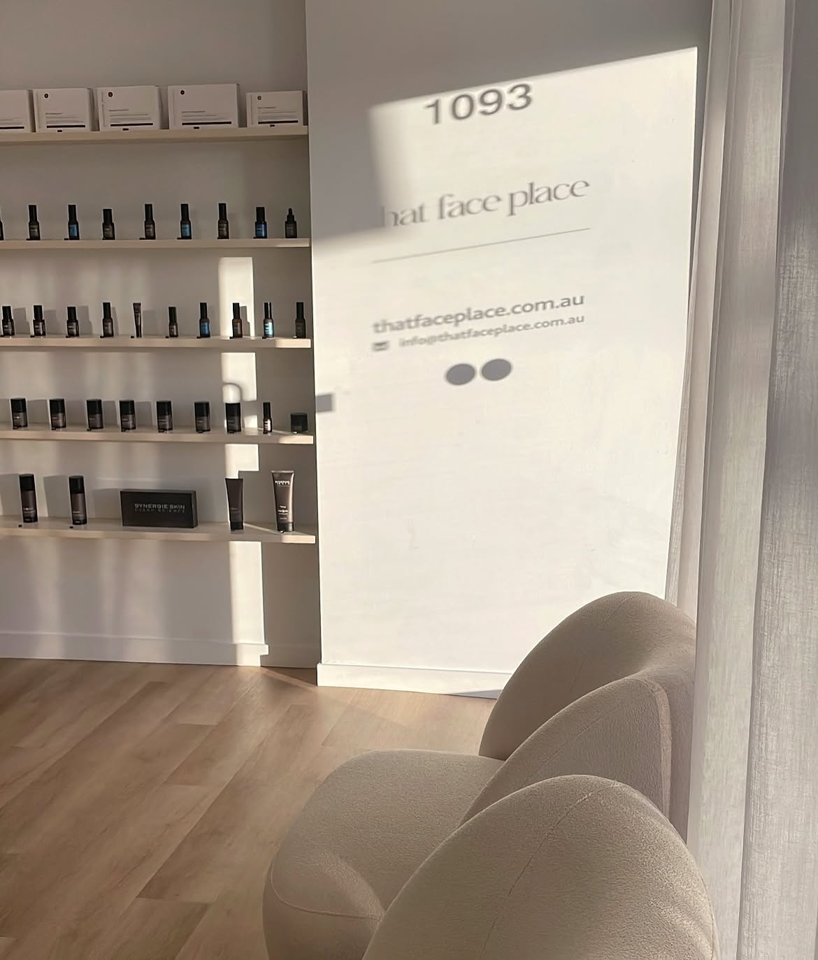 Skincare retail shelving and signage inside a Palm Beach cosmetic clinic